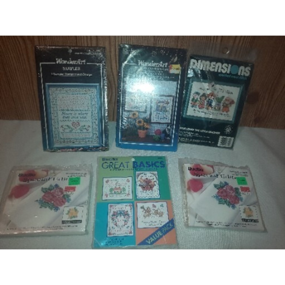 6x NOS Cross Stitch Embroidery Stamped Designs Bucilla Wonderart Dimensions